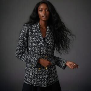 Anthropologie Maeve Double-Breasted Tweed Jacket Black White Size XS